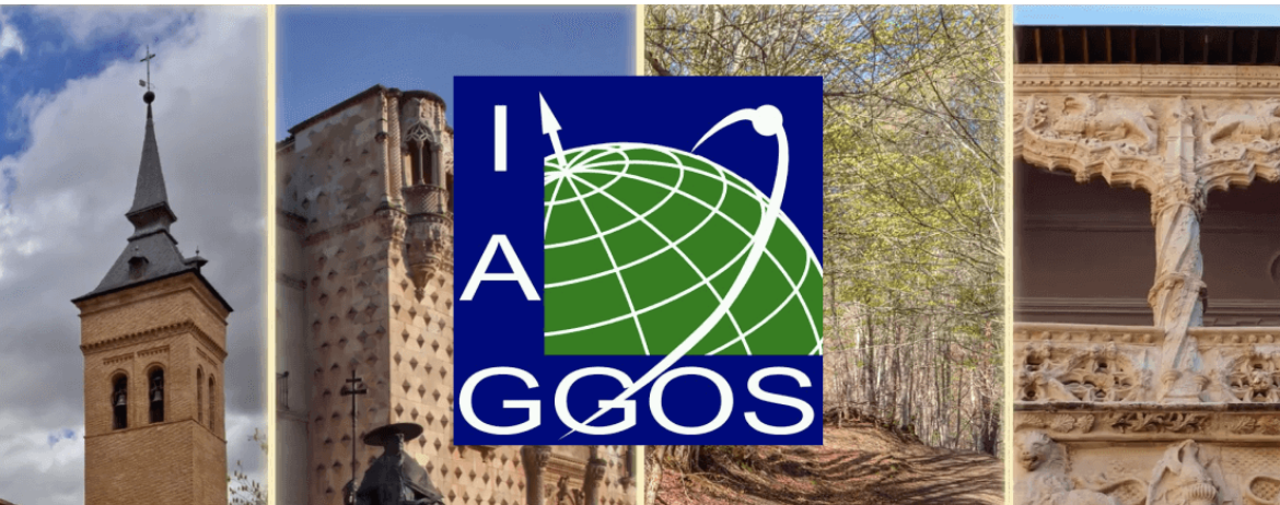 IAG GGOS Logo on top of pictures of the Yebes Observatory in Guadalajara, Spain