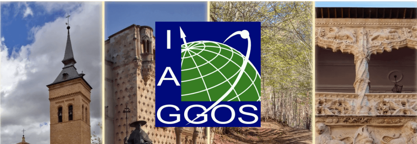 IAG GGOS Logo on top of pictures of the Yebes Observatory in Guadalajara, Spain